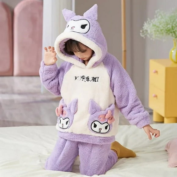 Anime Sanrio Hello Kitty Cinnamoroll Kuromi Pyjama d'Hiver pour Enfants Mignon My Melody en Velours Corail Chaud Épaissi Pyjama pour Fille Cadeau
