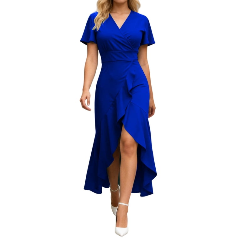 Womens Dress Semi Formal Wedding Guest Wrap Midi Dresses Summer Western A  Line High Low Ruffled Dress, Wedding Guest Dress(Blue,XXL) - Walmart.com