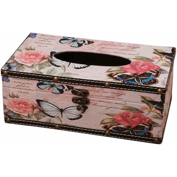 1 Pack Wooden Tissue Box Container Towel, Napkin Tissue Holder, Vintage Style Tissue Hold Box Cover for Home Office Decoration ( Rose and Butterfly)