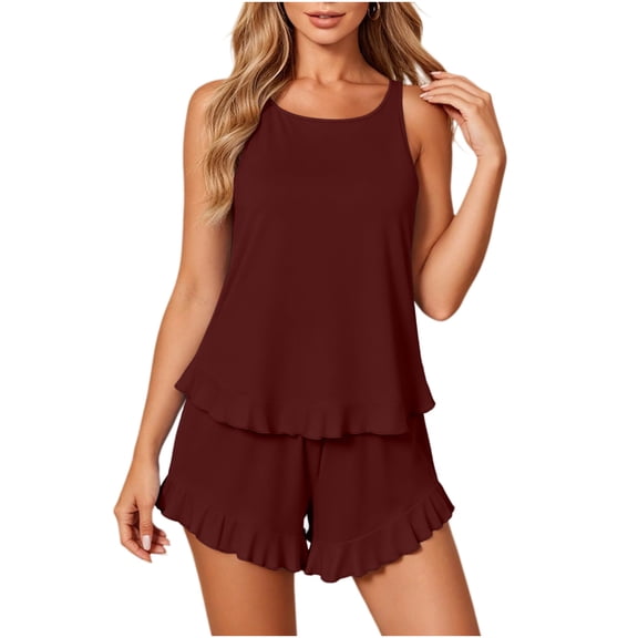 UAMVSH Pajama Sets for Women 2 Piece Ruffle Lounge Set Soft Crewneck Sleeveless Top with Shorts Sleepwear Set Cute Outfits
