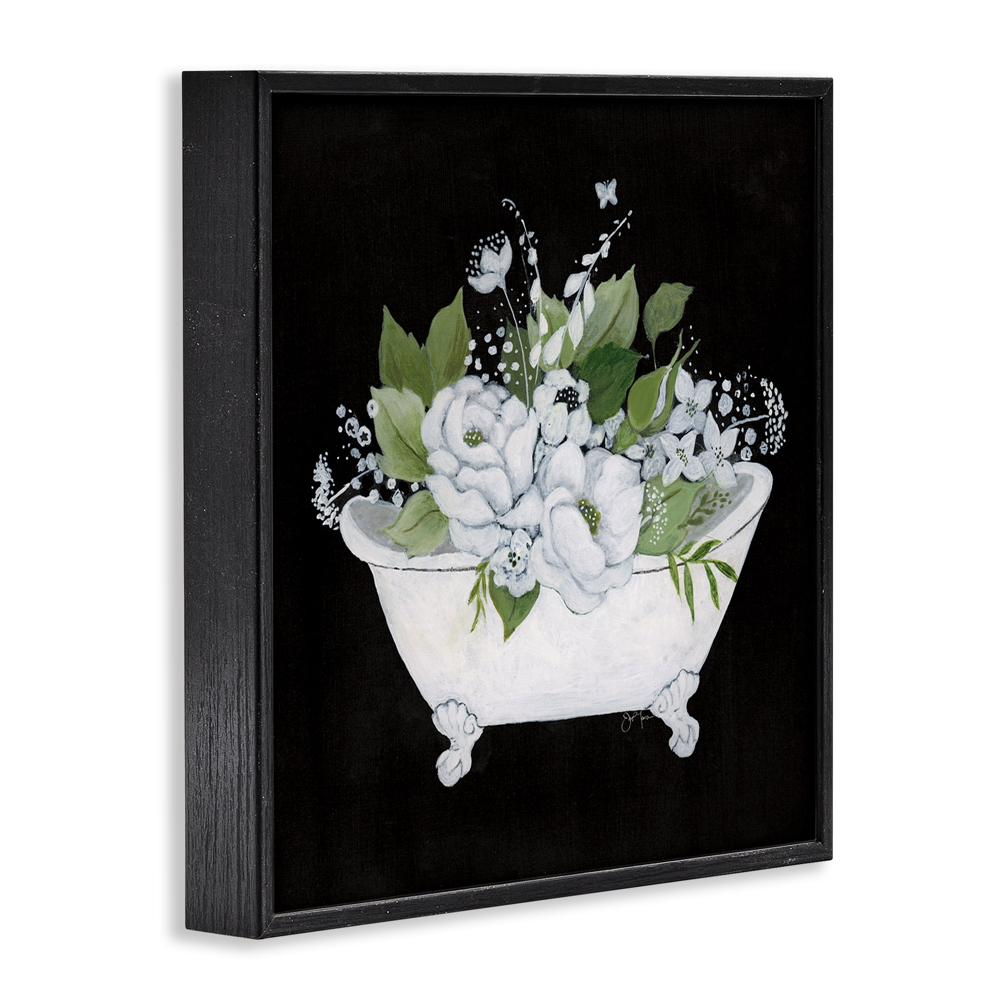 Stupell Industries Charming Floral Bathtub Typography Painting Black Framed Art Print Wall Art, 12 x 12