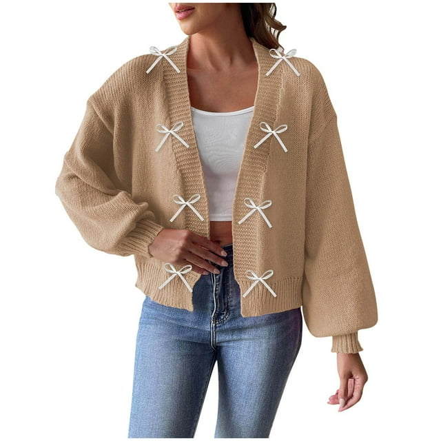 WRKEKC Cardigan Sweaters for Women Casual Loose Solid Color Bow Decorated Long Sleeve Knit Open Front Top Soft Breathable for Fall Daily and Weekend Wear