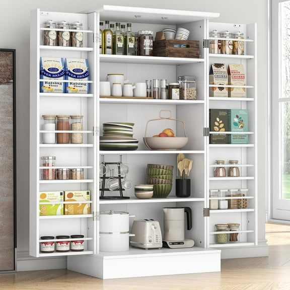 47" Freestanding Pantry Cabinet for Kitchen Storage, Adjustable Shelf Design with Doors, White Buffet Cupboard for Living Room Dining Room Organization