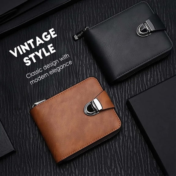 Men’s Vintage Leather Zipper Wallet with Coin Pocket – Bifold, RFID Blocking, Multi Card Slots for Business and Everyday Use