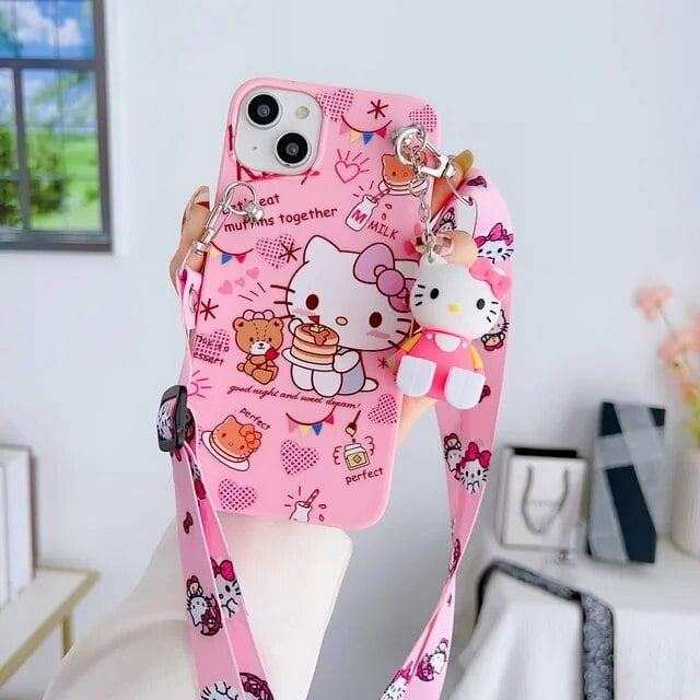 For iPhone 6 S 7 8 X Xs Max XR 11 12Mini 13 14 Pro SE Max Case Sanrio Hello Kitty Cat TPU Soft Phone Case With Holder Strap Rope wy LXY