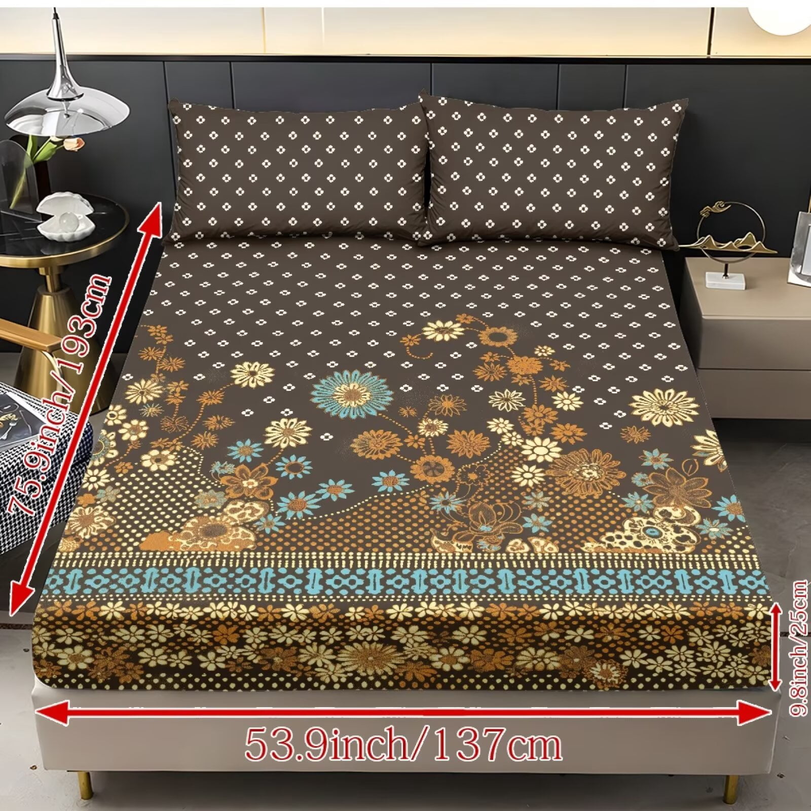 ZIATUBLES King Bed Sheets Set, 3-Piece Lightweight Comfy Bedding Set with Brown Vintage Floral Print, Soft Breathable Fitted Sheet with Elasticized 9.8" Pocket and 2 Pillowcases