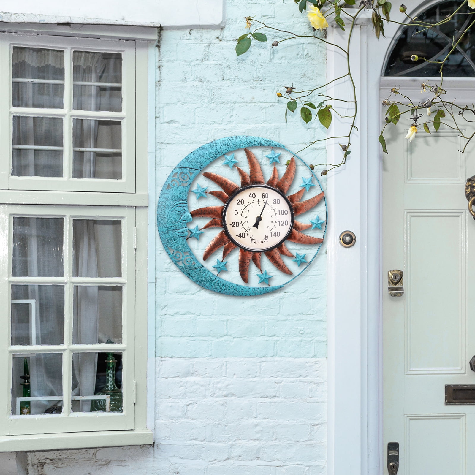 sun and moon outdoor garden thermometer with clock