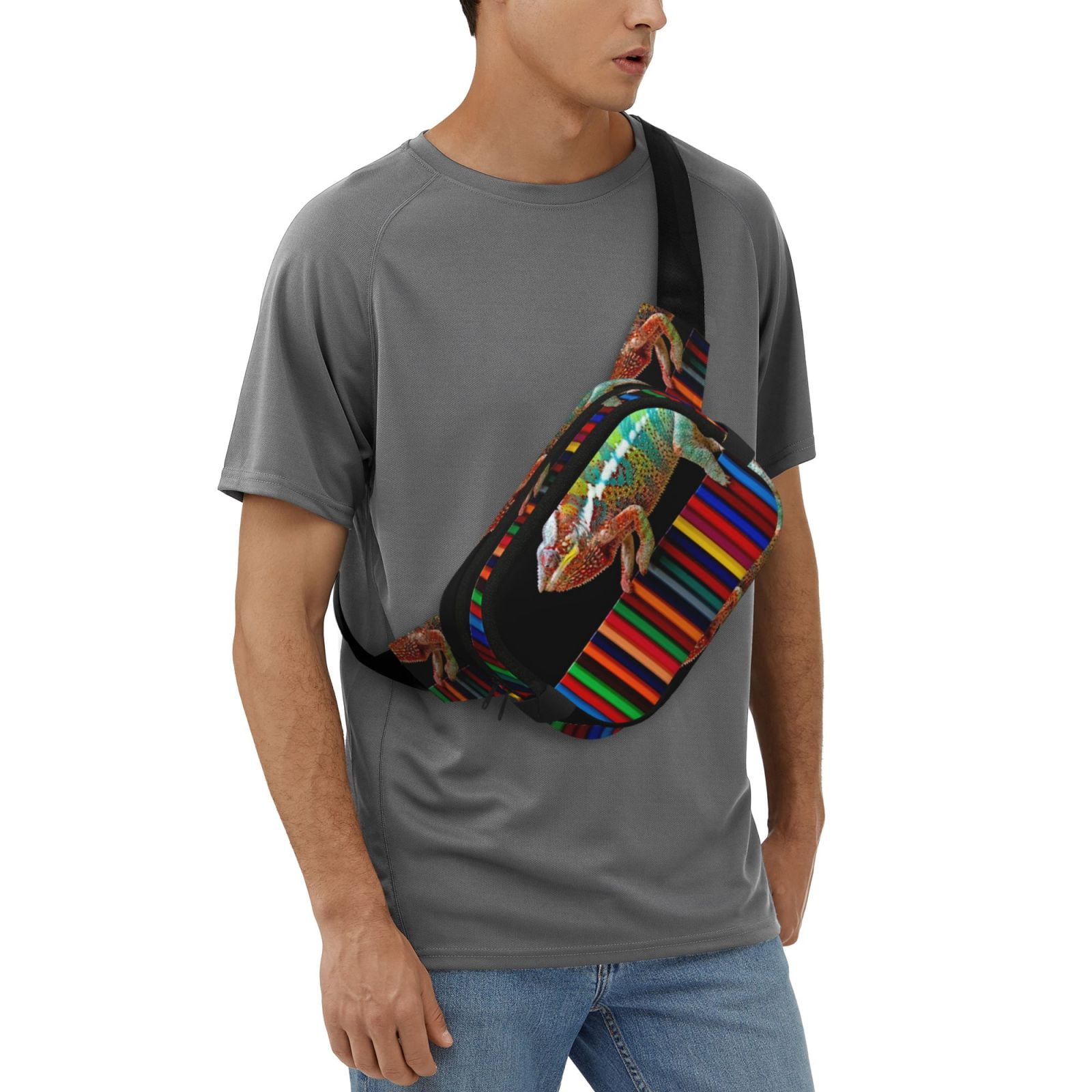 Picia Chameleon Panther On Colored Pencils Print Square Double-Layer Waist Bag Mini Adjustable Waist Belt Bag Exercise Running Travel Hiking