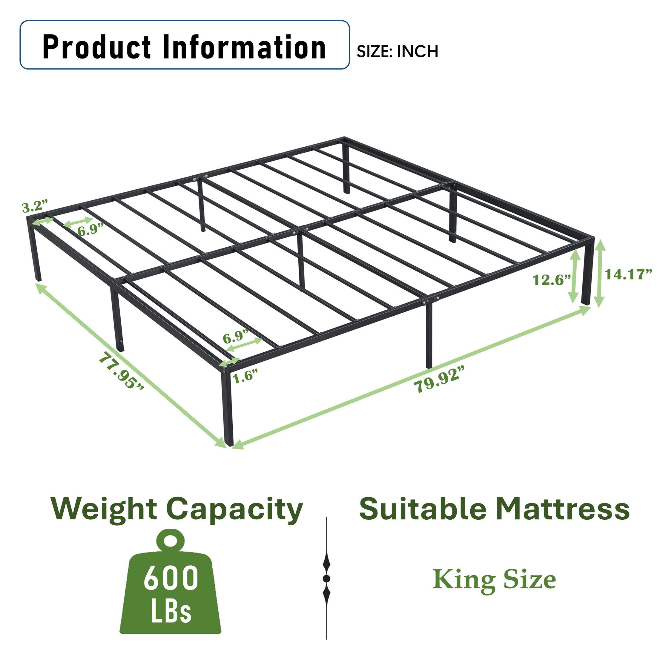 Aukfa Platform Metal King Size Bed Frame, 14 Inch, 600 lb Capacity, Noise Free, Black
