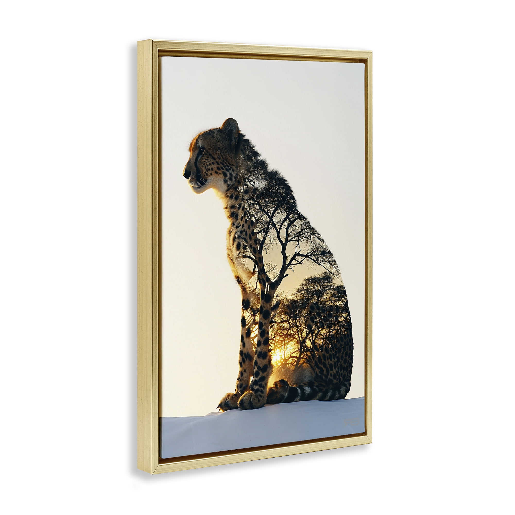 Stupell Industries Leopard with Silhouette Animals & Insects Painting Gold Floater Framed Canvas Art Print Wall Art, 17 x 25