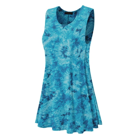MBJ WDR1077 Womens Tie Dye Round Neck Sleeveless Trapeze Dress Tunic Top S TEAL