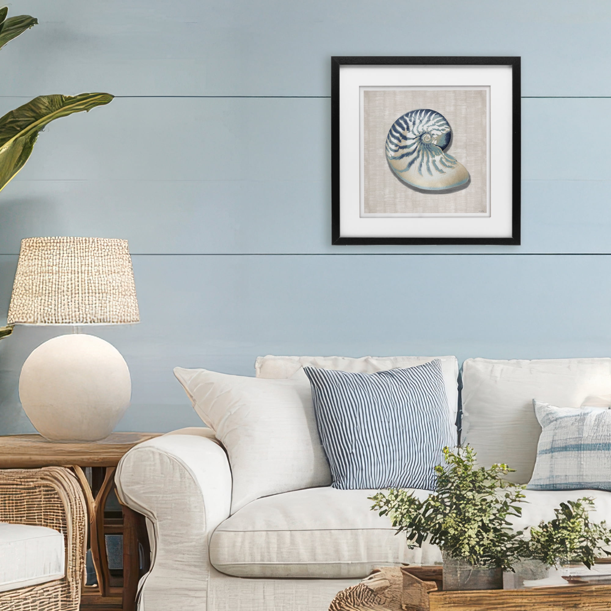 Stupell Industries Nautilus Shell in Misty Blue Black Framed Print Under Glass, design by Amber Sterling
