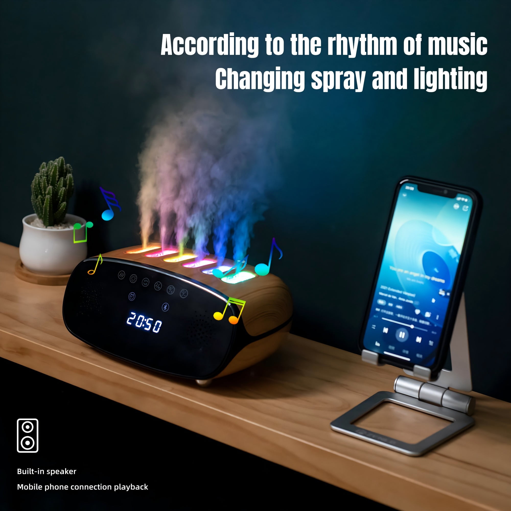 Bluetooth Music Humidifier with Clock, Remote, and Color-Changing Lights – Quiet Ultrasonic Cool Mist Diffuser with 6 Spray Heads for Home, Office, and Bedroom