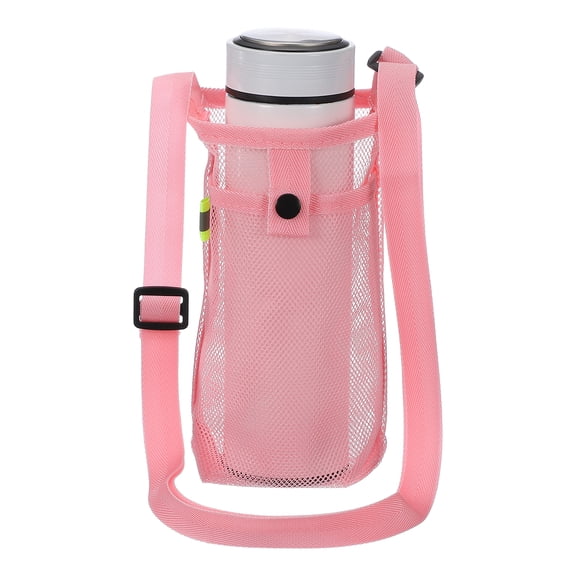 Water Bottle Holder with Shoulder Strap, Mesh Water Bottle Sleeve Bag, Crossbody Bottles Carrier Sling Pouch for Hiking Gym Camping Walking Travel, Pink