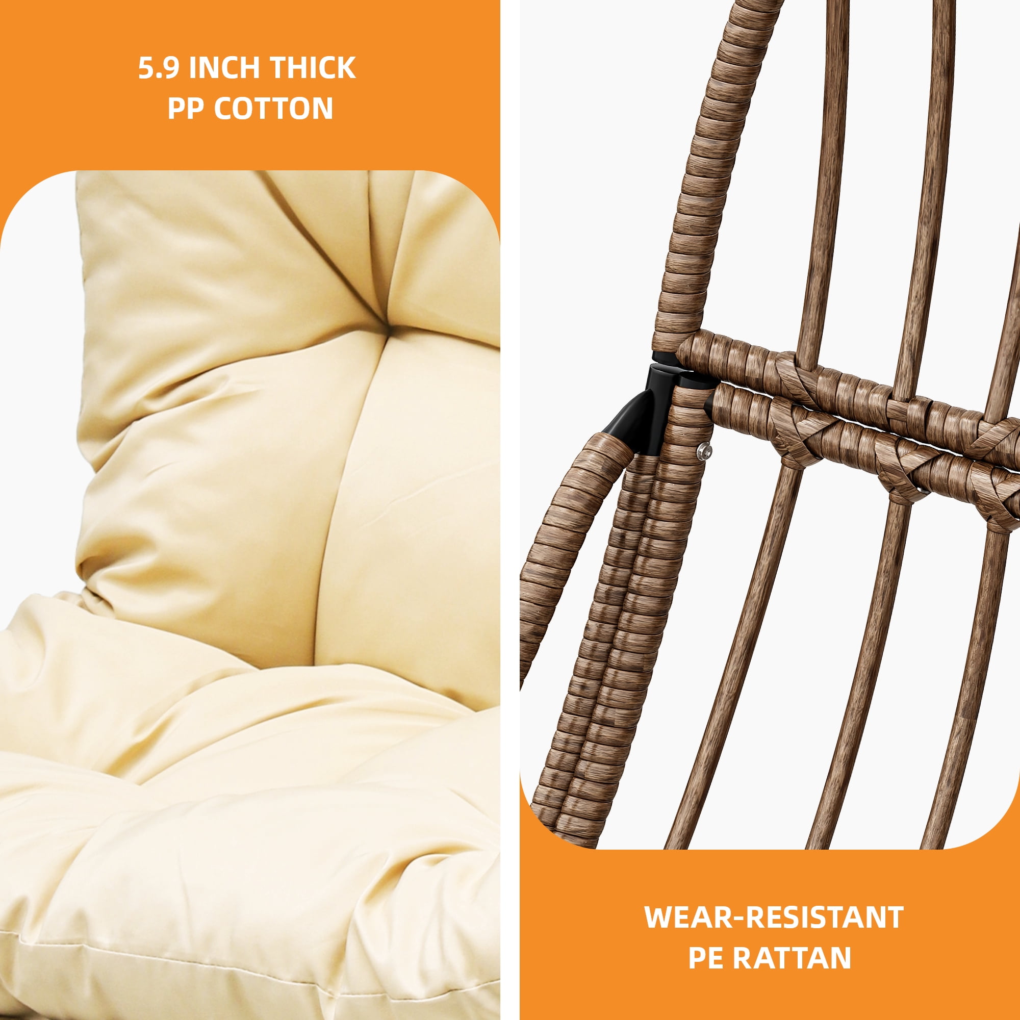 Uforic Beige Suspended Wicker Egg Swing Chair w/Cushions, Supports up to 330lbs for Garden Patio Bedroom Balcony (Stand Sold Separately)