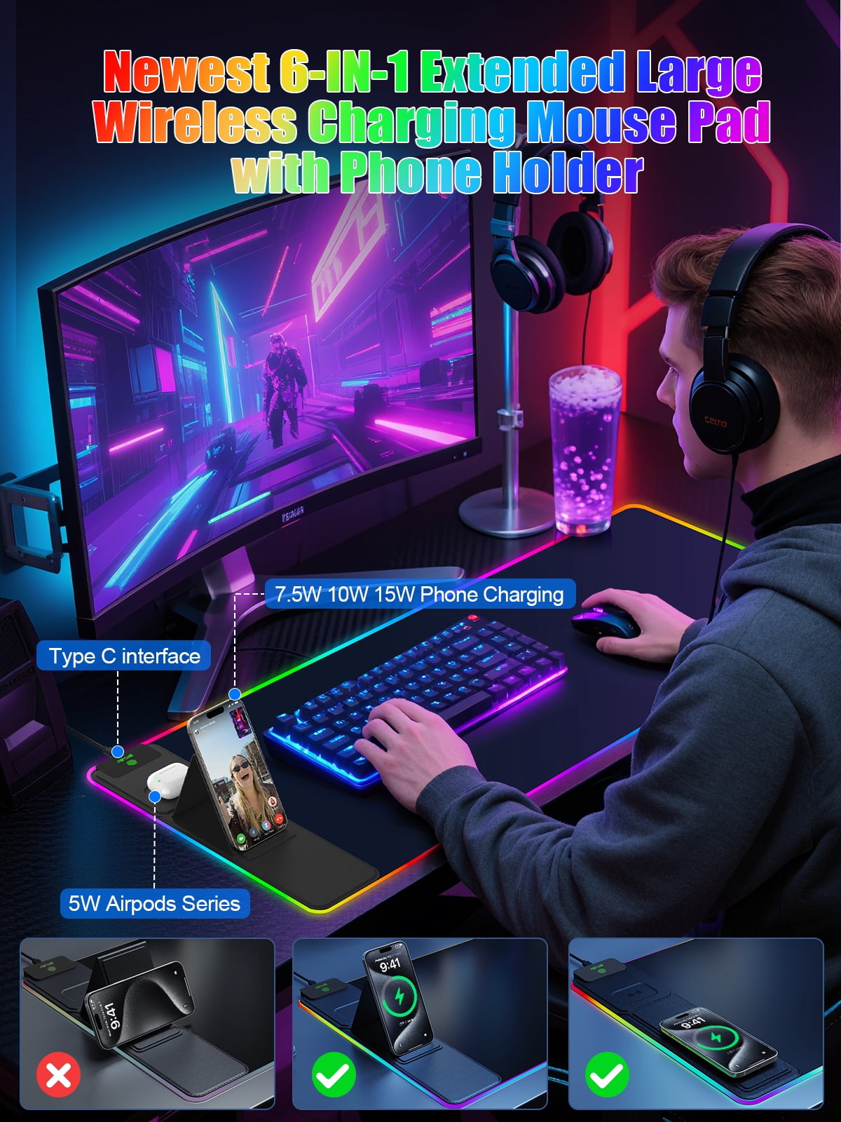 Miroddi Wireless Charging RGB Mouse Pad, 31.5"x15.75" Large Desk Pad Rubber, 15W Fast Charging LED Desk Mat for iPhone Airpods Gaming Home Office