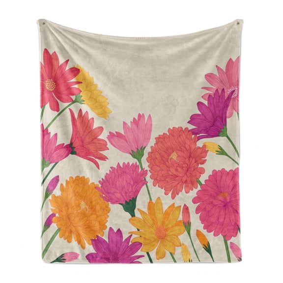 Aster Soft Flannel Fleece Throw Blanket, Vintage Summer Daisies Bouquet Blossom Beauty Wedding Anniversary Marigold Flora, Cozy Plush for Indoor and Outdoor Use, 70" x 90", Multicolor, by Ambesonne