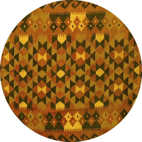 Ahgly Company Machine Washable Indoor Round Oriental Yellow Traditional Area Rugs, 5' Round
