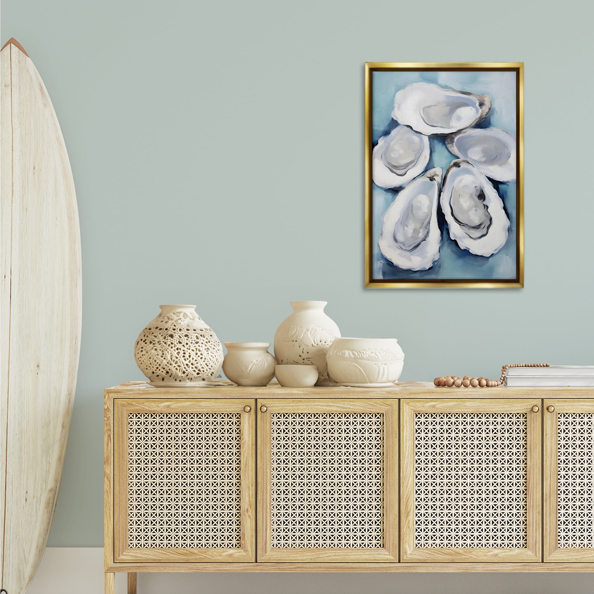 Stupell Industries Five Oyster Shells Animals & Insects Painting Gold Floater Framed Canvas Art Print Wall Art, 21 x 31