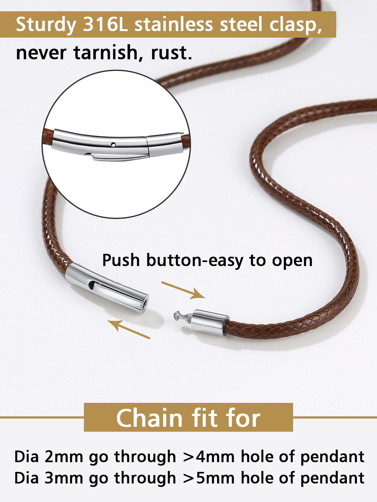 FindChic Men's Waterproof Braided Leather Cord Chain 2mm/3mm Width 16-30 inch Stainless Steel Necklace Brown Woven Wax Rope Chain for Pendant, with Gift Box