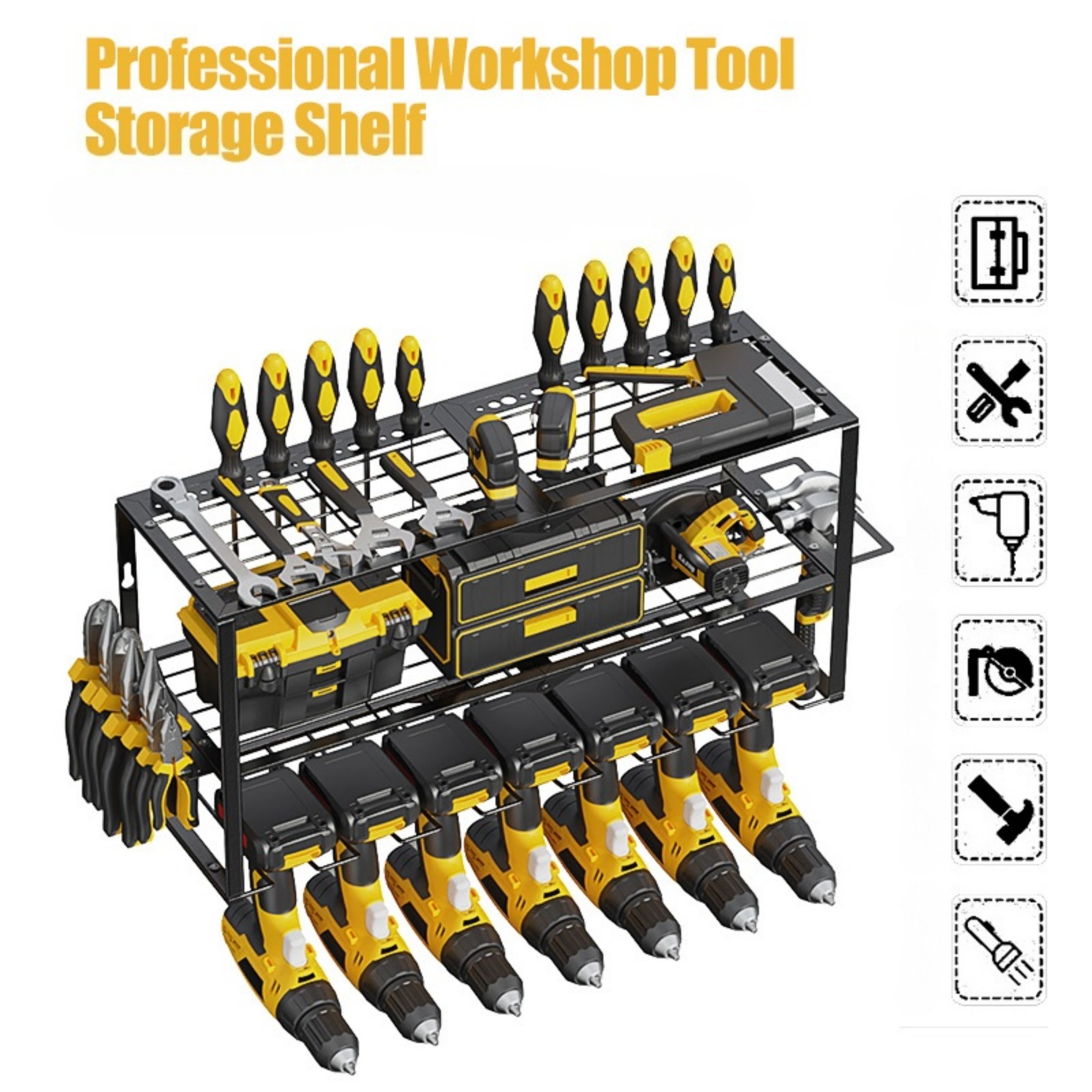 150LB Heavy Duty Wall Mount Drill Holder - 3 Tier Metal Organizer w/7 Hooks - Holds 5 Drills & Accessories - Space Saving Garage Storage