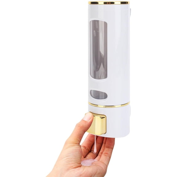 ABCISI 15oz Wall Mount Soap Dispenser - Manual Hand Shampoo and Shower Gel Dispenser for Bathroom and Kitchen - Lotion Container - Convenient and Stylish (White Shell, Golden Press)
