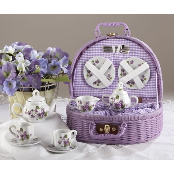 Large Dollies Tea Set/ Basket, Purple Violets