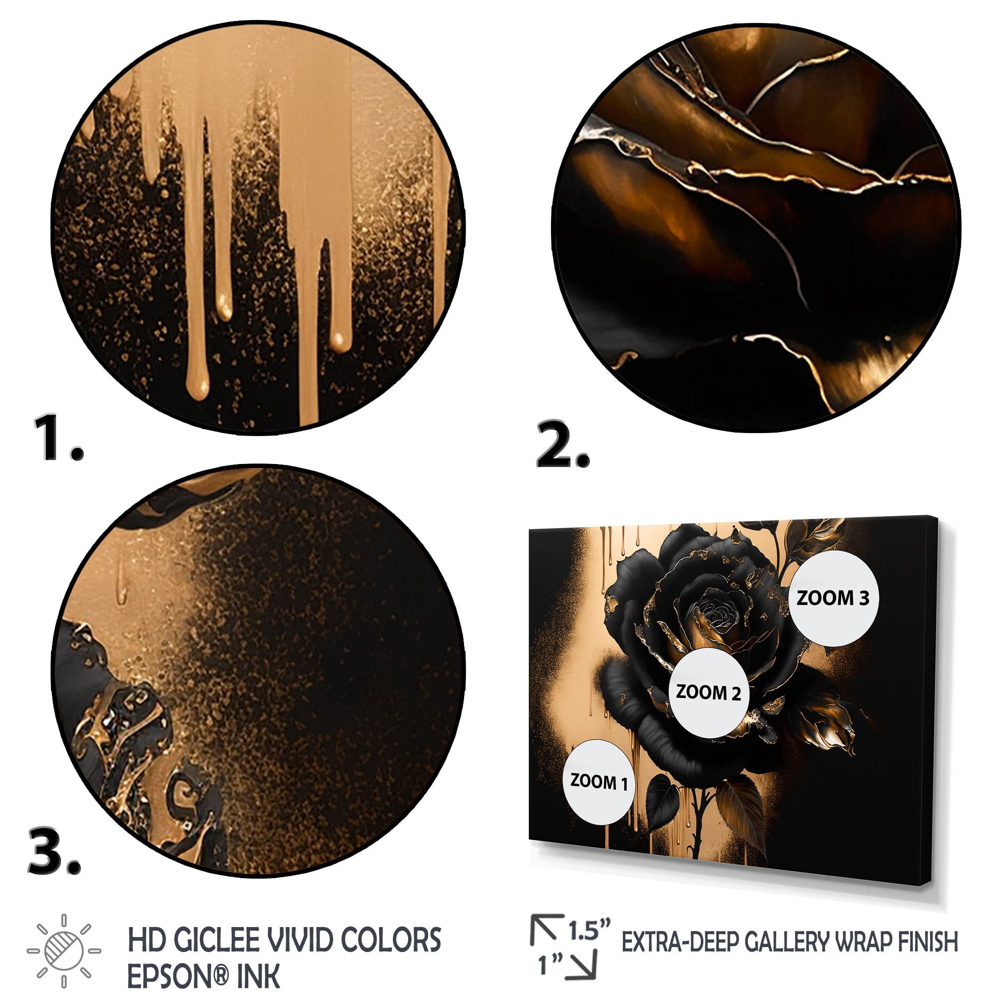 Designart Black And Gold Rose IV Canvas Wall Art