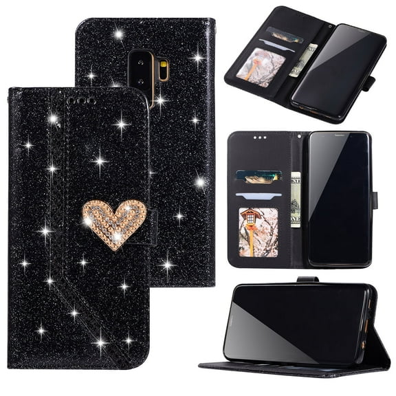 Galaxy S9 Case, Allytech PU Leather Glitter Folio Flip Stand Bumper Magnetic Closure Cards Money Holder Dust Proof Protective Soft TPU Back Cover Wallet Case for Samsung Galaxy S9, Black