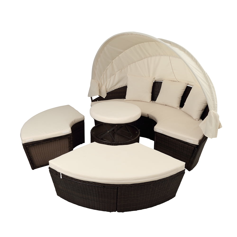 Veryke Outdoor Patio Rattan Furniture Set, Cushioned Round Sectional Sofa Set with Retractable Canopy - Beige Veryke Outdoor Patio Rattan Furniture Set, Cushioned Round Sectional Sofa Set with Retractable Canopy - Beige