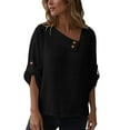 thumbnail image 5 of Olyvenn Women Cotton Linen Tops Causal Summer Shirts Rolled Sleeve Asymmetrical Neck T Shirts Solid Loose Blouses for Daily Black M, 5 of 9