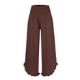 thumbnail image 3 of RPVATI Drawstring Linen Pants Women Summer Trendy Smocked High Waisted Ruffle Hem Palazzo Pants Boho Casual Wide Leg Flowy Beach Baggy Lounge Pants with Pockets Coffee XL, 3 of 4