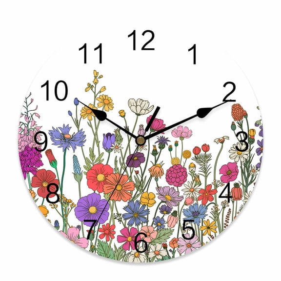 Wall Clock Wildflower Clocks PVC Silent Non-Ticking Battery Operated Decorative Herb Flower Botanical Round Clock for Home Living Room Kitchen Bedroom Office School Wall Decor 14 Inch