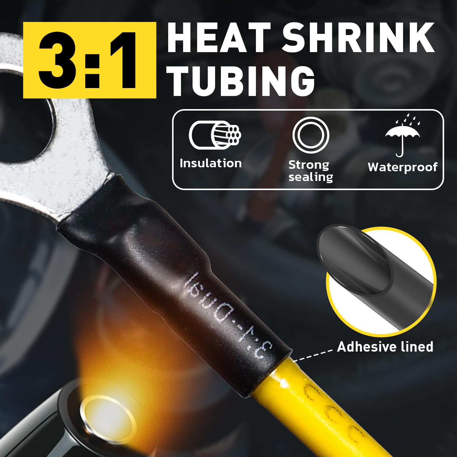 Non-insulated wire connector kit, includes 100 3/8 inch ring terminals (22-16) and 100 3:1 heat shrink tubes, suitable for automotive and marine, for welding and soldering wire crimp terminals