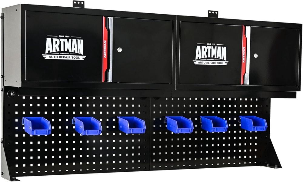 MIDOQIN Metal Garage Wall Cabinet, Wall Mounted Steel Storage Cabinet with 2 Doors, Pegboard, Hooks, Basket, and Storage Shelf, Black and Red