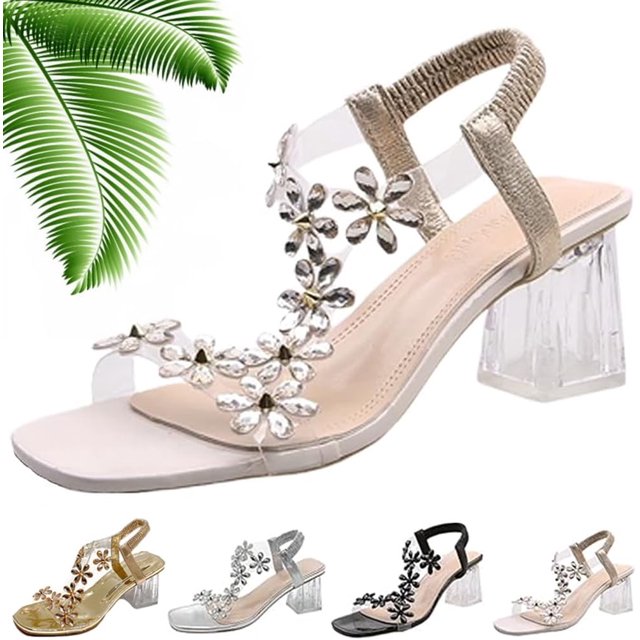 Sandalias de tacón de bloque de cristal floral transparente para mujer, tacones de punta cuadrada, sandalias elegantes sexys con correa de tobillo elástica a la moda