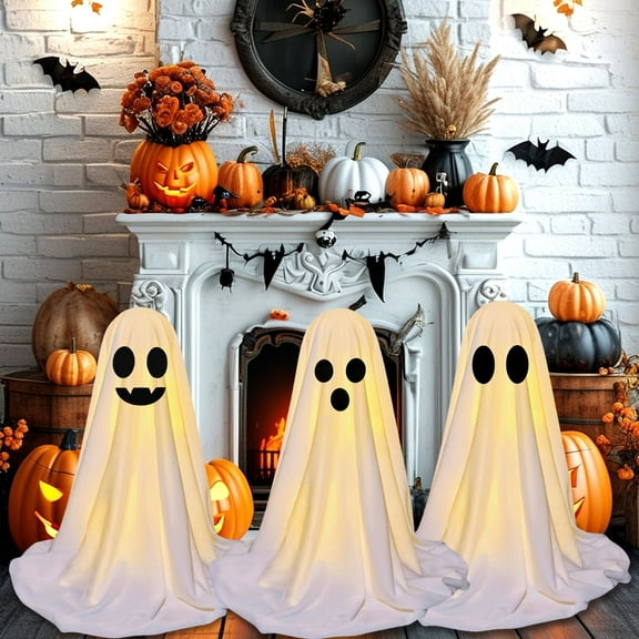 Halloween Decorations Indoor, 3 Packs Light-Up Spooky Ghosts with String Lights, Cute Ghost Tabletop Decor for Party Home Kitchen and Fireplace