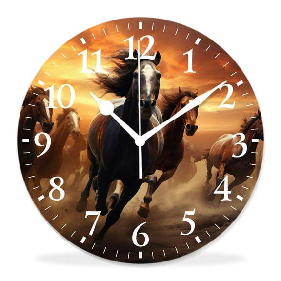 10 Inch Wall Clock Battery Operated Silent Clock Decorative for Office, Kitchen, Outdoor, Living RoomHerd of Horses Running in Desert Sandstorm Beautiful Drawing