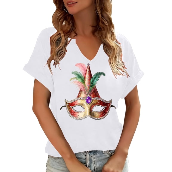 Craaazy Mardi Gras Shirts for Women Short Sleeve Casual Carnival Printed V-neck T-shirts Gifts