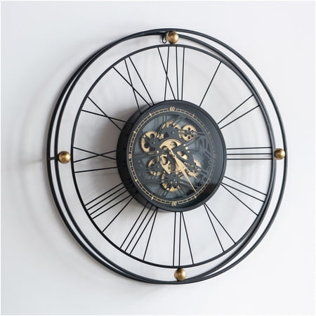 JERFIT Large Decorative Wall Clock with Roman Numerals, Gears and Gold Accents for Industrial Steampunk Home Decor