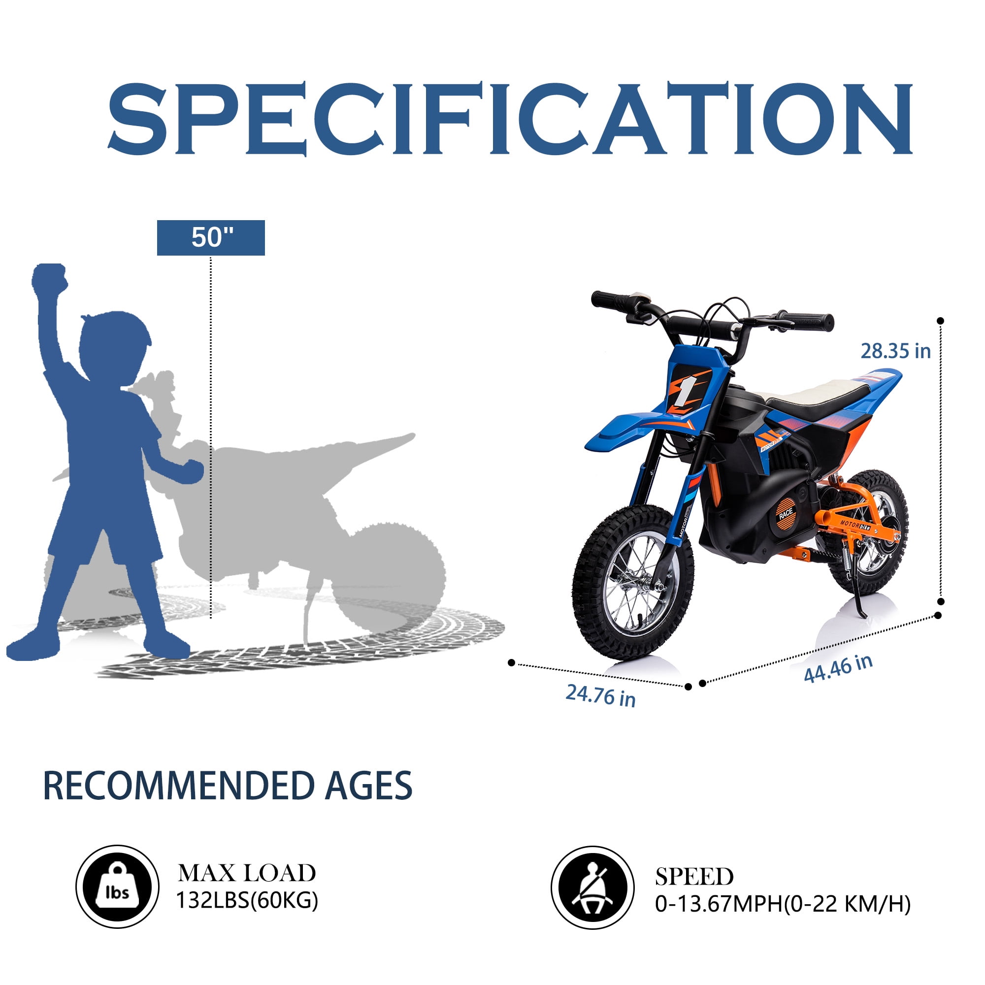 JoyWheels 24V Electric Dirt Bike for Kids,250W Ride on Toy Motorcycle,Ages 13 Years+,13mph,Blue