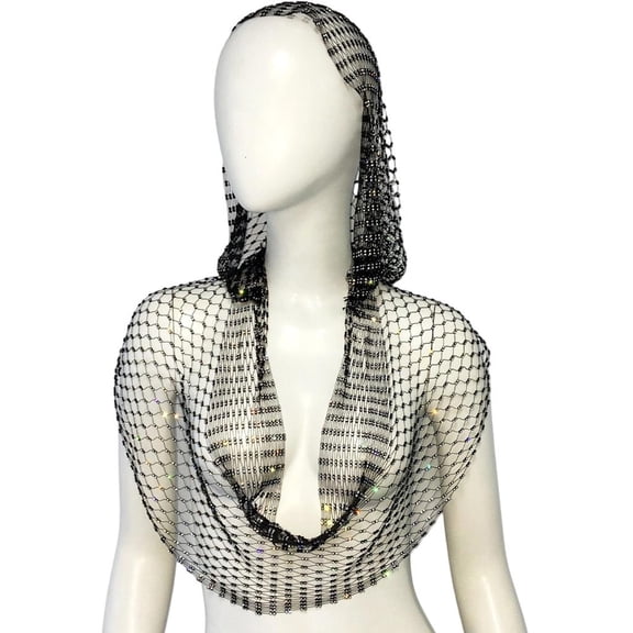 Giaone Sparkling Rhinestones Hoodie HipHop Dancing Event Hooded Hat Fishnet Tank Tops