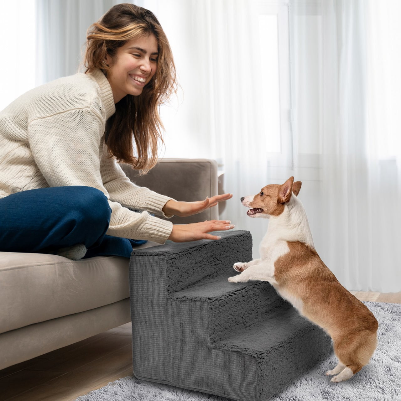 Precious Tails High Density Foam Sherpa Top Wide 3 Steps for Dog/Cat