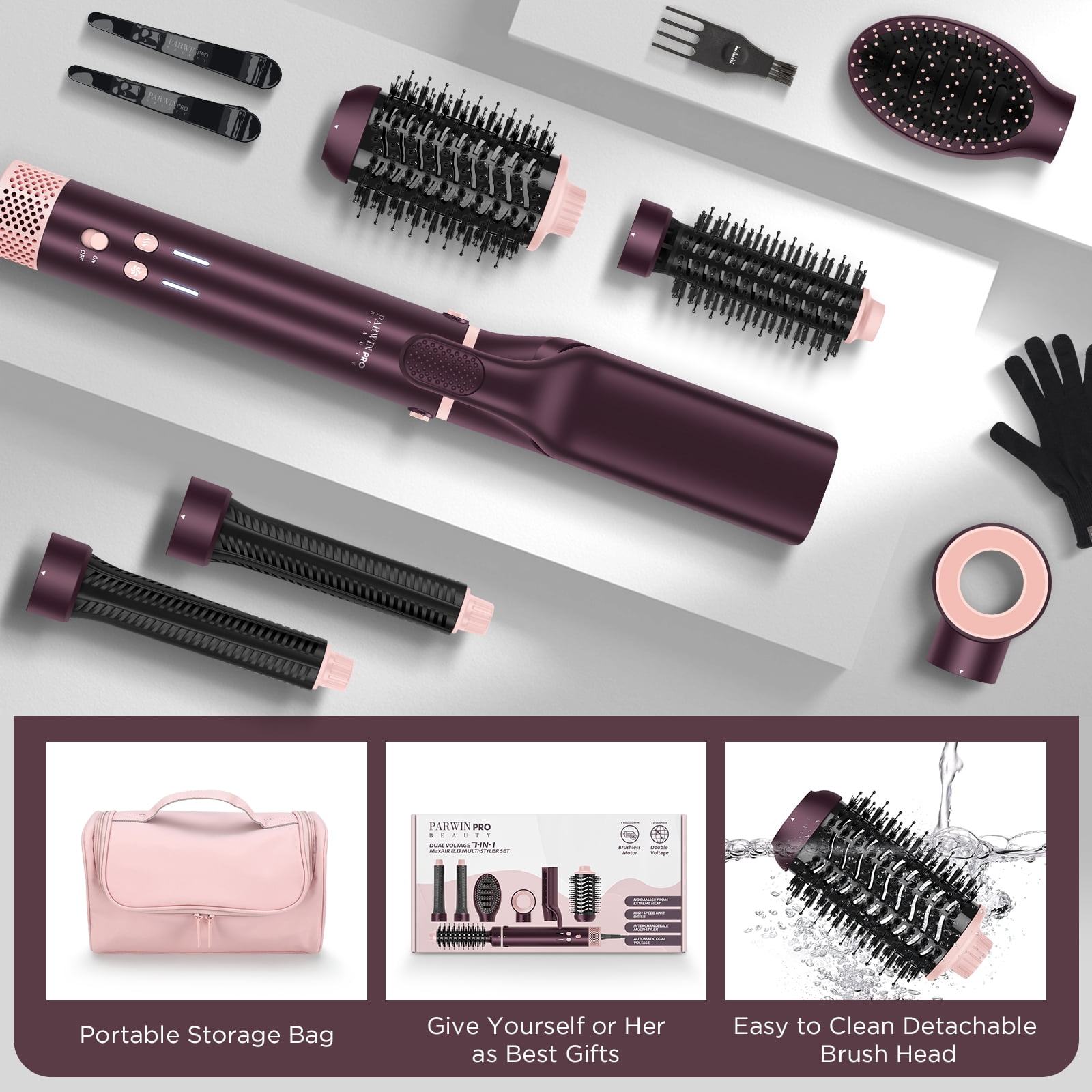 PARWIN PRO BEAUTY Dual Voltage 7-in-1 Hair Styler, Hot Air Multi-Styler with Air Straightener & 28mm Auto Wrap Curlers for Frizz-Free, Less Heat Damage, Jasper Plum