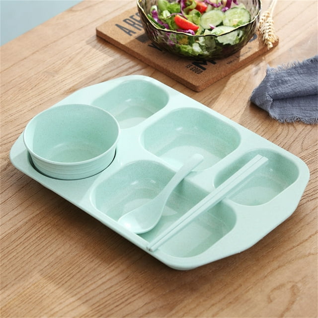 EARKITY Assiettes Compartimentées, Assiettes Réutilisables Incassables en Paille de Blé, Plateaux-Repas à 5 Compartiments, Assiette Rectangulaire de Contrôle des Portions avec Cuillère Baguettes Bol, Va au Lave-Vaisselle