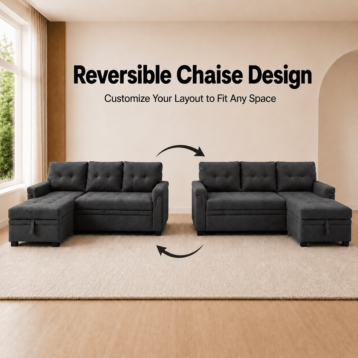 Naomi Home Living Room Collection L Shaped Velvet Convertible Sleeper and Storage Chaise Sectional Sofa with Sofa and Chaise, Dark Gray