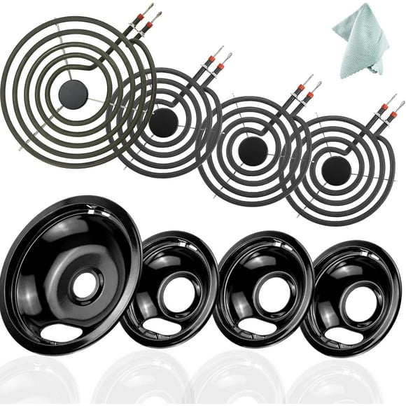 MP15YA MP21YA Electric Stove Burner Element Replacement Set (3) 6" & (1) 8" Black Porcelain Drip Pans Compatible with Whir-pool Electric Range Stove Top