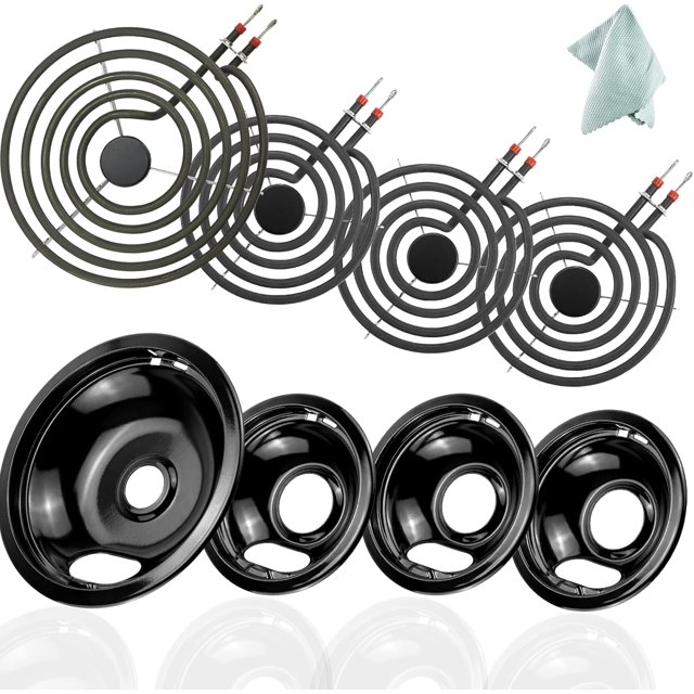 MP15YA MP21YA Electric Stove Burner Element Replacement Set (3) 6" & (1) 8" Black Porcelain Drip Pans Compatible with Whir-pool Electric Range Stove Top