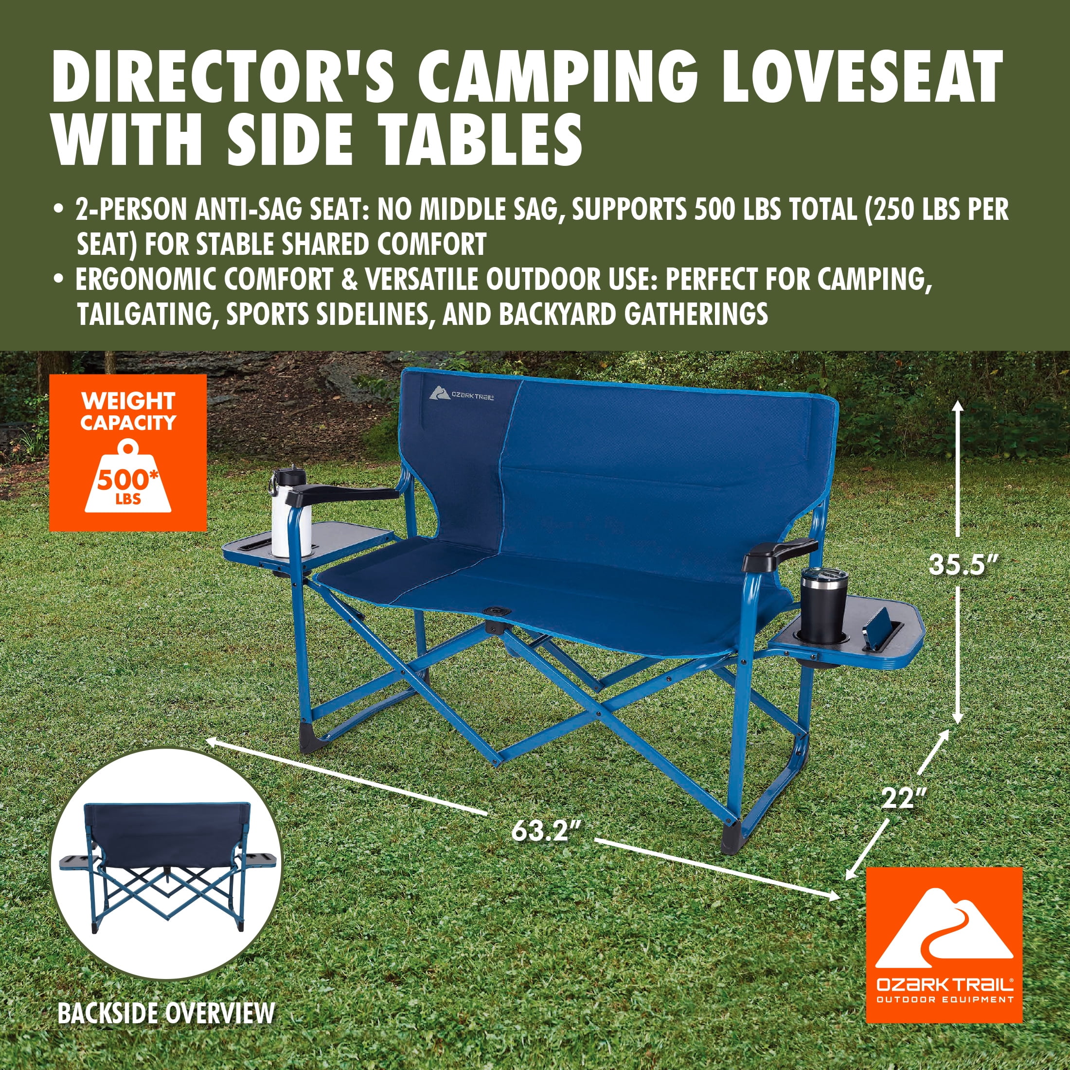 Ozark Trail Director's Camping Loveseat with Side Tables, Blue