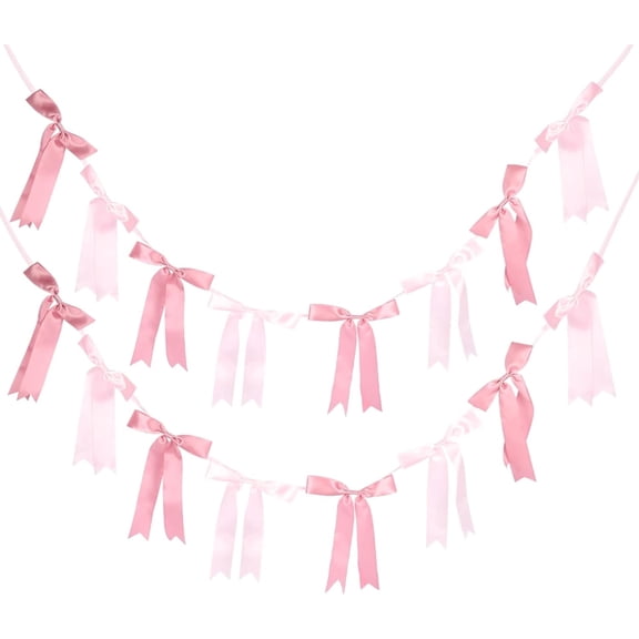 2 Strings Pink Satin Bow Garland Banner, 16 Pcs Two-Tone Ribbon Bow Hanging Decor, 6.5 Ft Coquette Bow Bunting for Girl Birthday Baby Shower Wedding Nursery Wall Decor